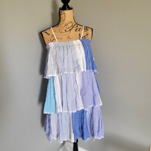 Lemlem  Eshal Blue Gradient Tiered  Short Cotton Sundress Spaghetti Straps -XS - Picture 2 of 9